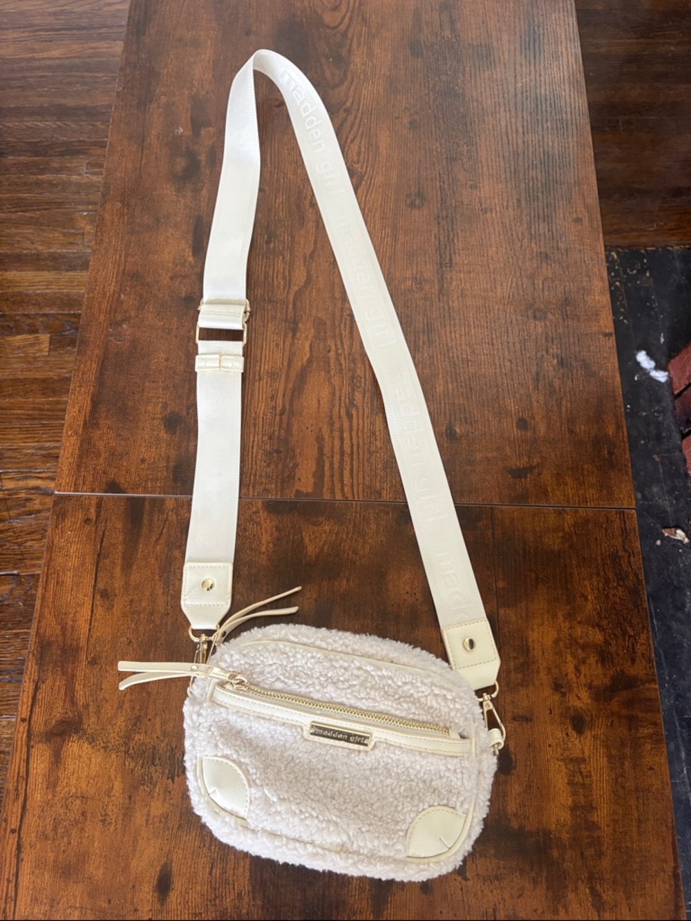 Madden Girl Cream Sherpa Crossbody Bag with Gold Hardware